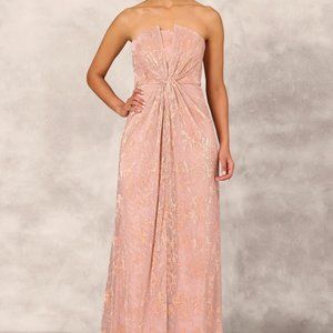 Aidan Mattox Strapless Printed Metallic Mesh Long Dress in Rose Gold